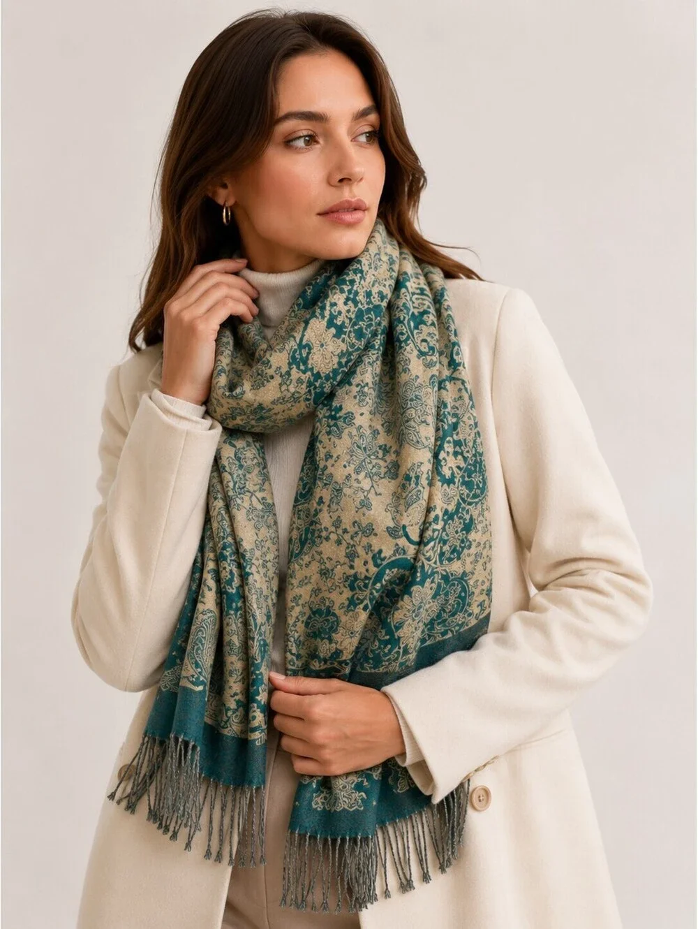 Beauty Pashmina Silk Paisley Floral Print Fringe Scarf Wrap Teal Gold One Size